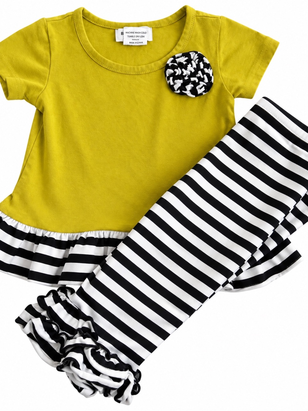 Girls Yellow Peplum Top & Black-White Stripe Ruffle Leggings Set